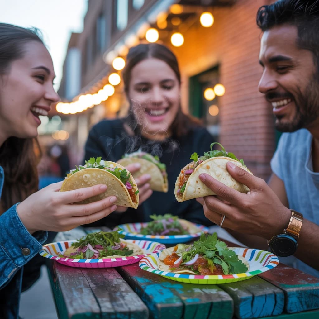Friends laugh over street tacos at dusk, candid, shallow depth.