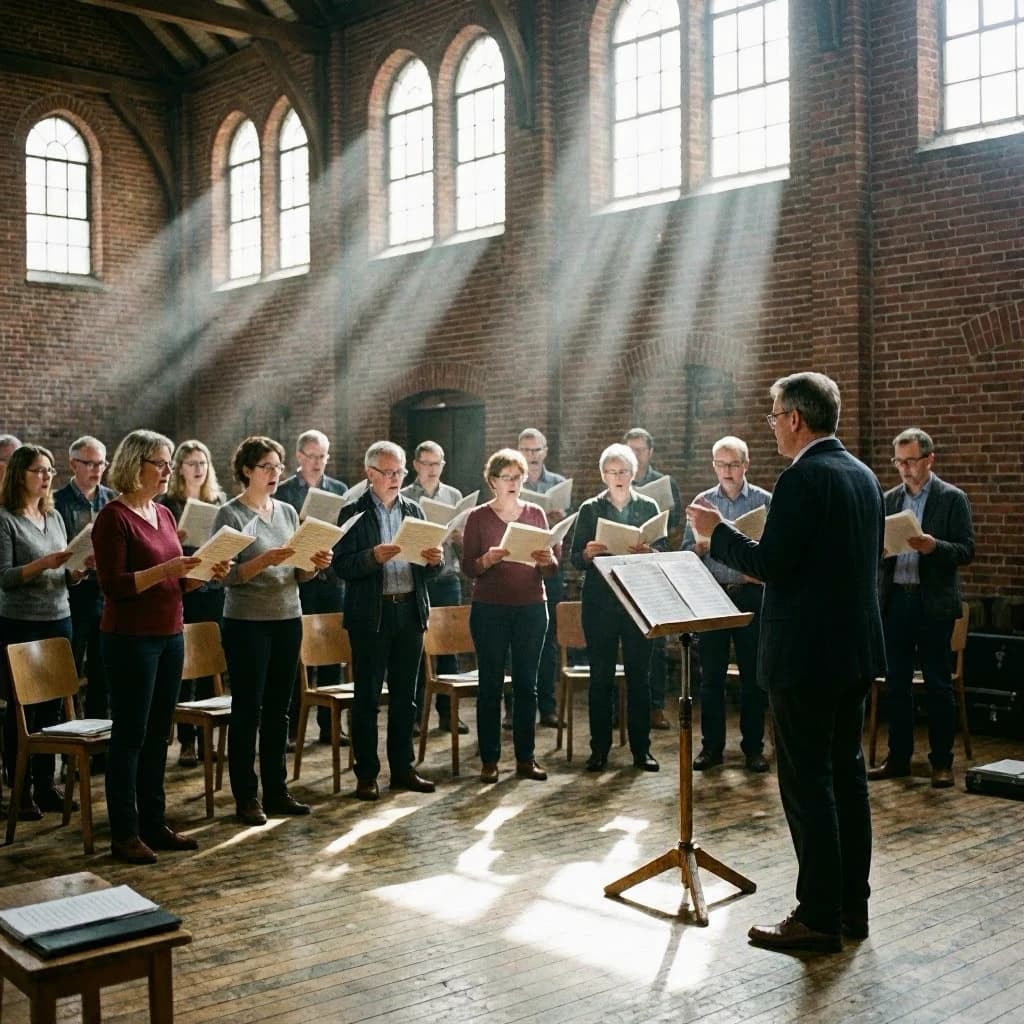 A choir rehearses in a brick hall as somewhat dramatic morning light falls through high windows, with a patient conductor mid-gesture, open scores, intent faces, slight motion blur.
