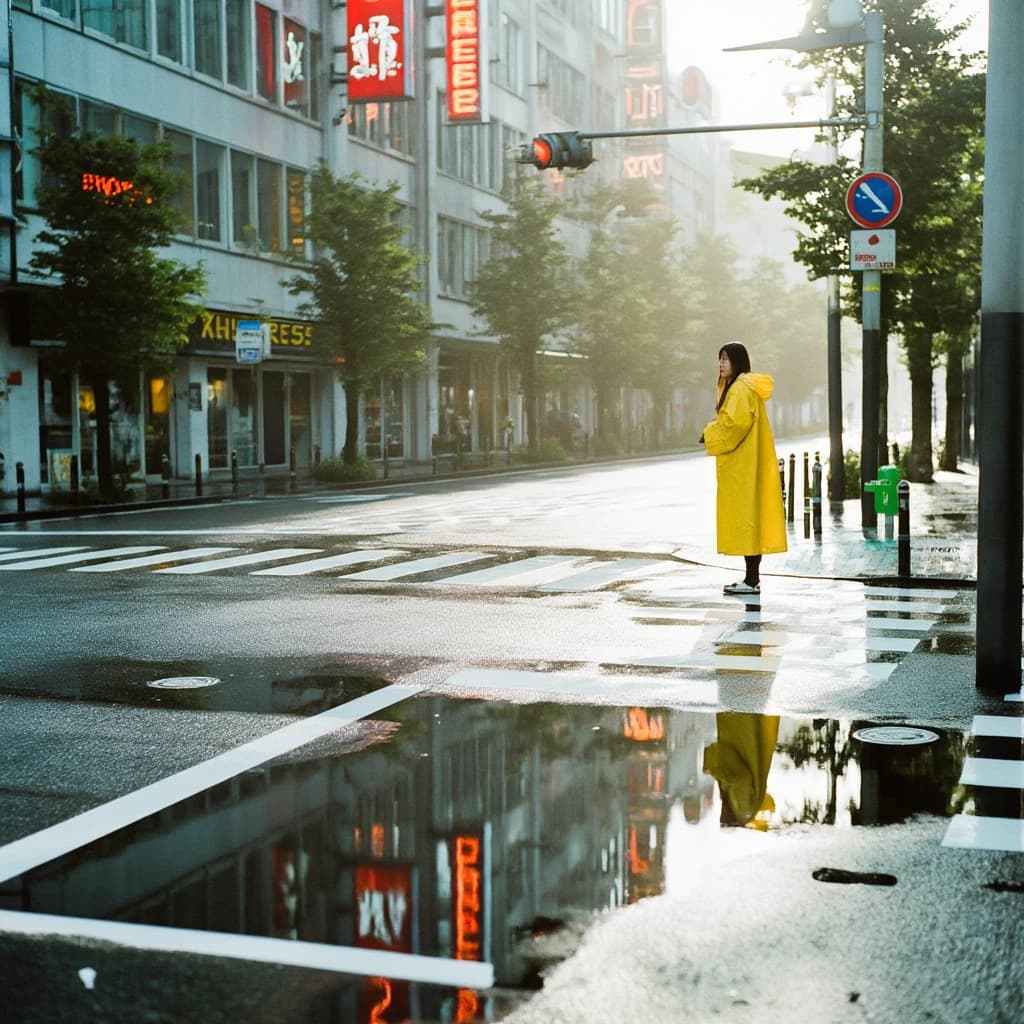 A sunlit city street after rain; puddles mirror neon signs as a woman in a yellow raincoat waits at a crosswalk, soft mist, 50mm look, natural tones, a bit of film grain.