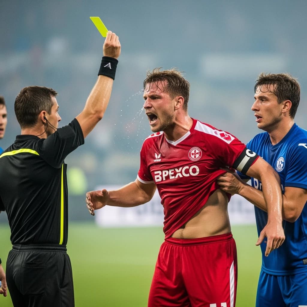 The soccer player clashes with the ref. It is thick and humid and the heat is getting to the players. His friend tries to pull him off before he causes any more trouble.
