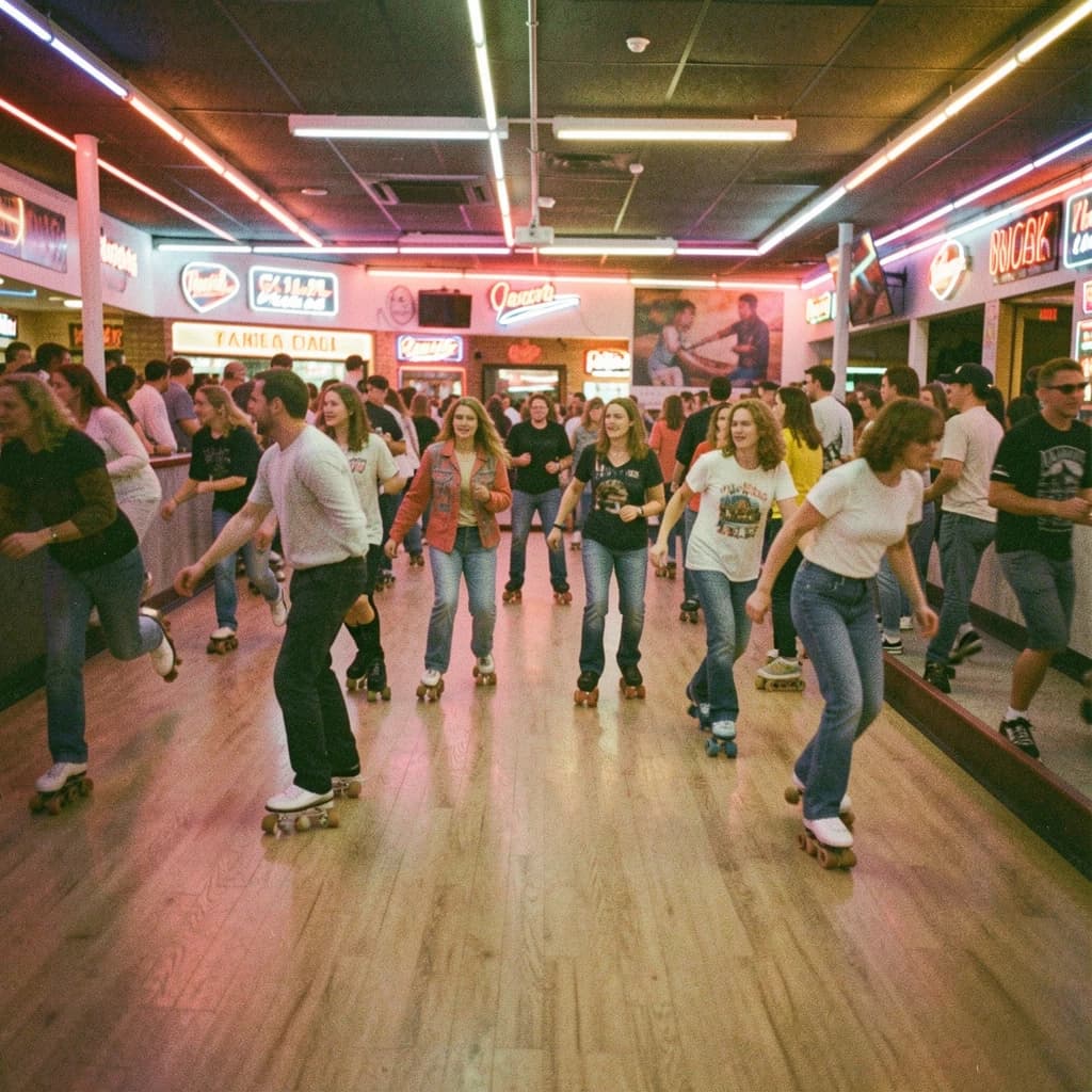 A 1970s roller rink crowd skates under neon, with a bit of fade and film grain.