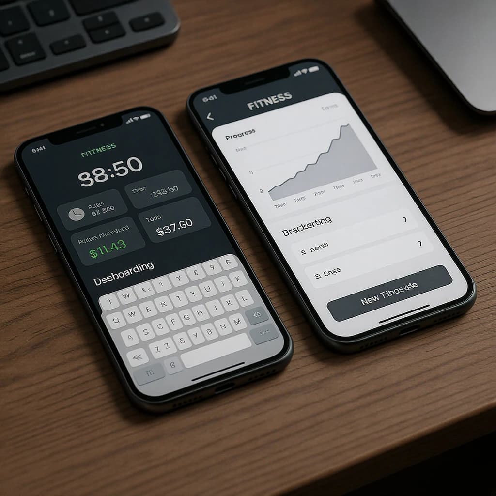 Sleek mobile fitness app screens on a desk: dark mode home, progress dashboard, simple onboarding, clear 8 pt grid, slightly oversized buttons for thumb reach, muted colors.
