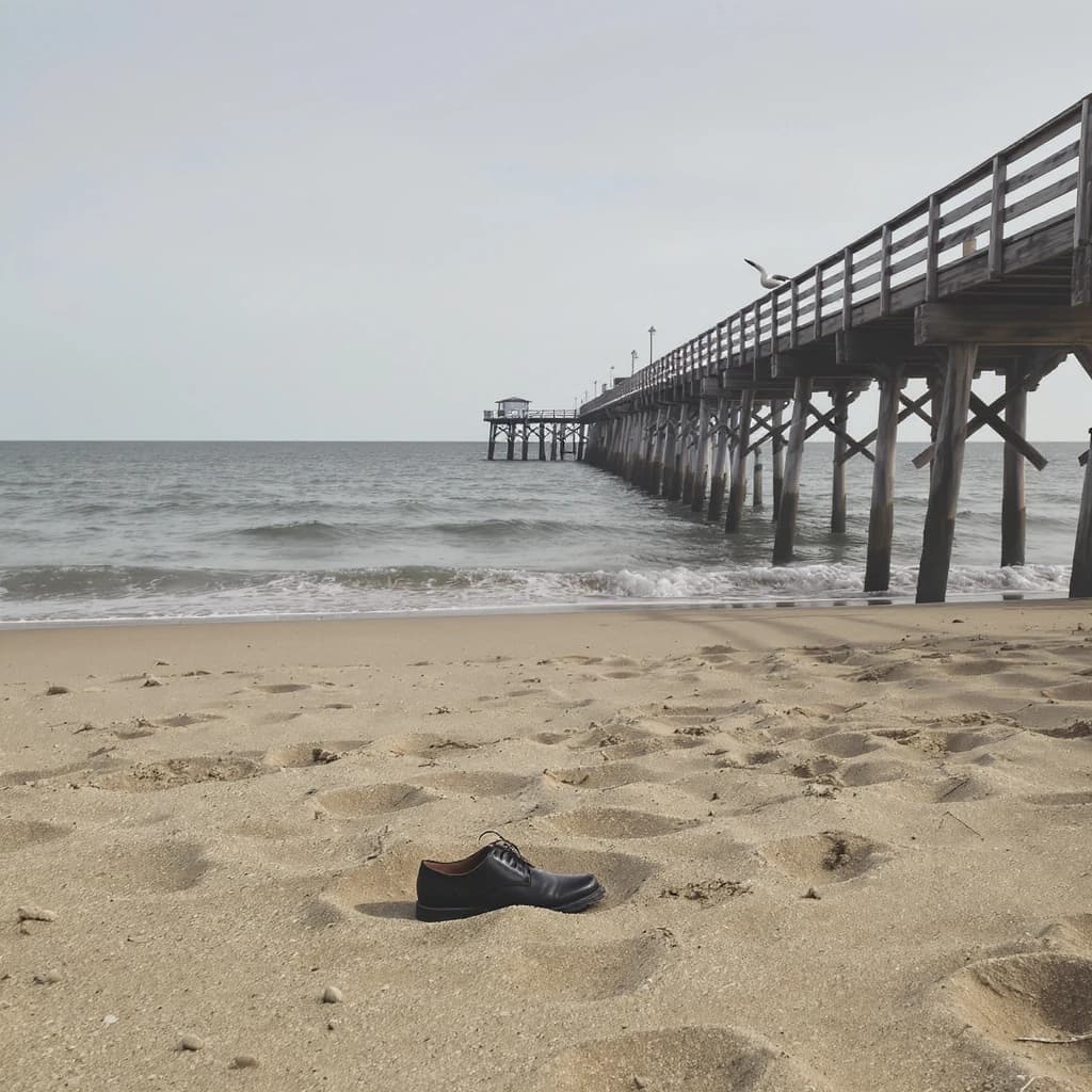 The beach is flat, sand beige, granular, no shells, except for a single left shoe, black leather, size eleven, half buried at an angle. The pier extends straight into the water, wood untreated, grain visible, though the support posts vanish before they touch the surface. The sky is uniformly gray, no clouds, yet shadows stretch at sharp diagonals. A single gull sits on the railing, wings outstretched, frozen mid-flap, no movement.