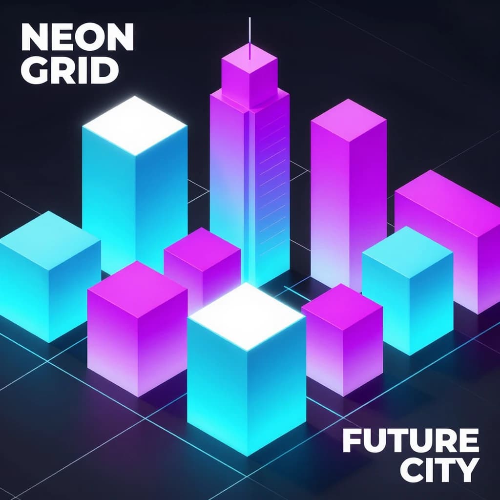 Render an isometric city poster with geometric buildings, neon gradients, gloss highlights, soft AO shadows, clean sans-serif lettering, grid layout, reflections a bit overexposed.