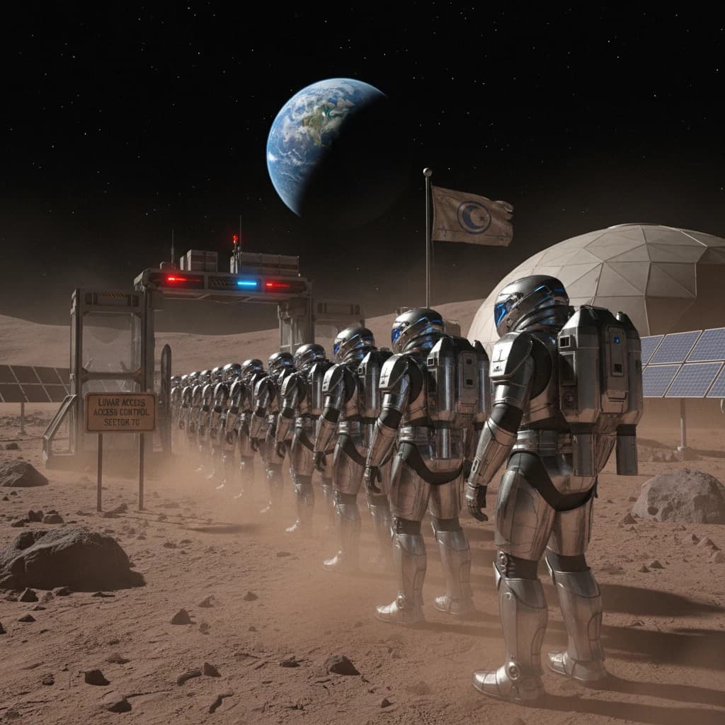 Silver exosuits queue at a dusty lunar checkpoint.