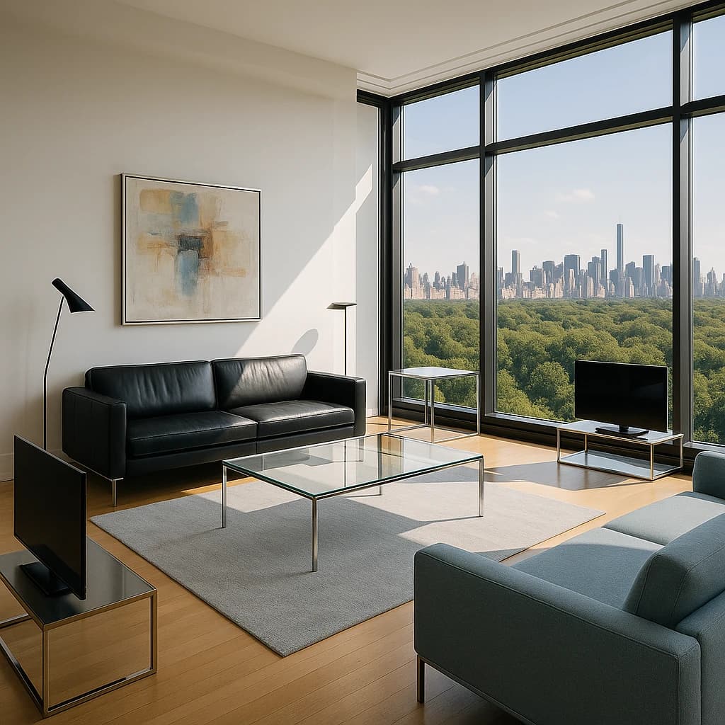 My apartment overlooks Central Park. It’s very luxurious, very expensive, and the furniture is minimal — a black leather couch, a glass coffee table with chrome legs, an Arne Jacobsen floor lamp. A big-screen television set rests on a steel shelving unit. A David Onica painting hangs above the couch. There’s a stainless steel and glass cocktail table. A powder-blue sofa. A thirty-inch digital TV.
