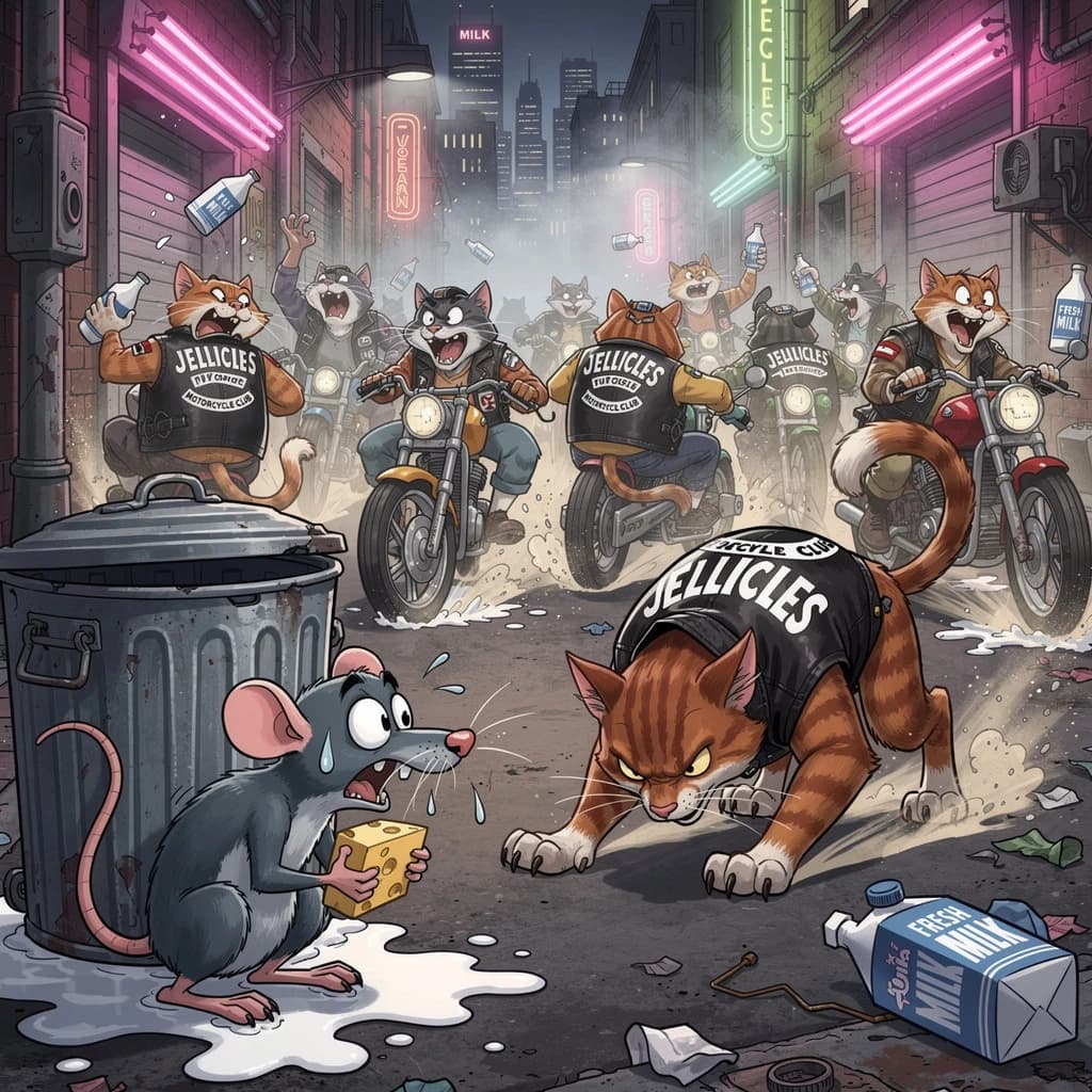 The cartoon rat clenches his thin wedge of cheese and trembles in fear as he hides from the menacing Jellicles, the roaming cat motorcycle gang, all wearing their colors with the name on the back. The cats have all drunk far too much milk and are causing a big ruckus! One cat is close to finding the rat
