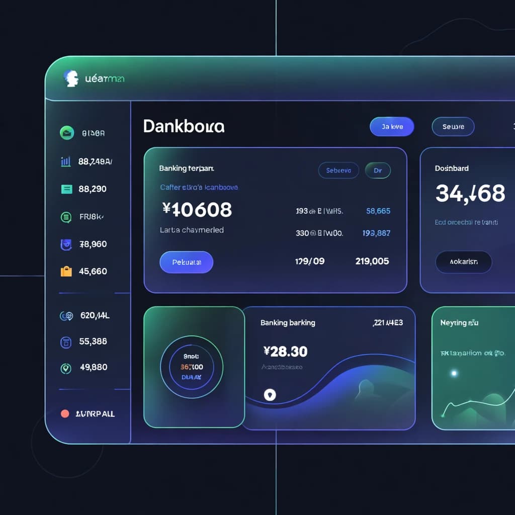 Dark mode banking dashboard with glassmorphism.