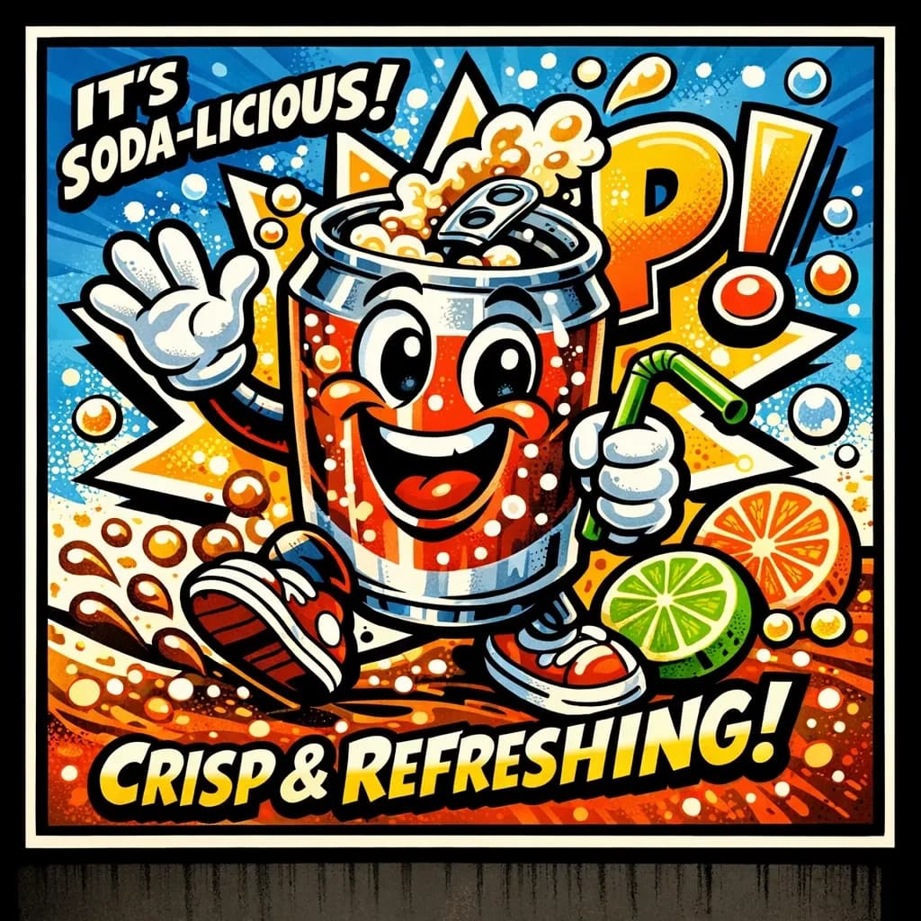 Design a bright soda billboard ad with a bubbly can mascot, thick inky lines.