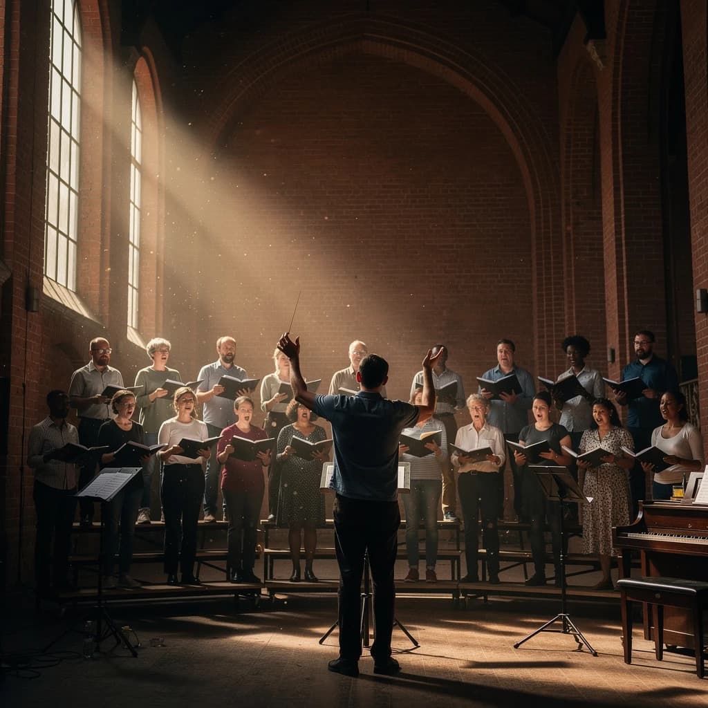 A choir rehearses in a brick hall as somewhat dramatic morning light falls through high windows, with a patient conductor mid-gesture, open scores, intent faces, slight motion blur.