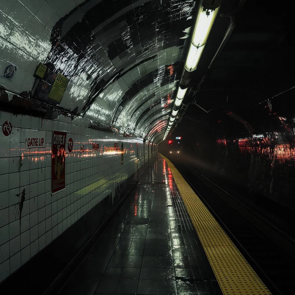 A subterranean subway platform with glossy tiles, peeling posters, flickering fluorescent lights, yellow safety line, and a distant train coming; slightly damp, echoes carry.