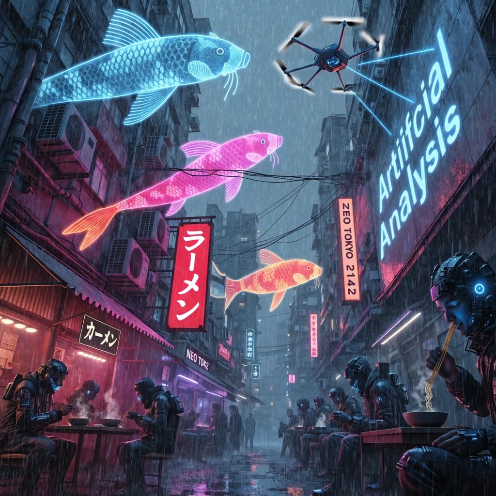 A neon alley in Neo-Tokyo 2142 drips with rain Cybernetic patrons slurp ramen at a stall with their glowing implants humming with blue light. Three giant holographic koi hover 10 metres above the ground and swim across the skyline, one has clipped into a building. A six-prop drone hovers nearby, projecting "Artificial Analysis" onto a wall with blue laser beams visible