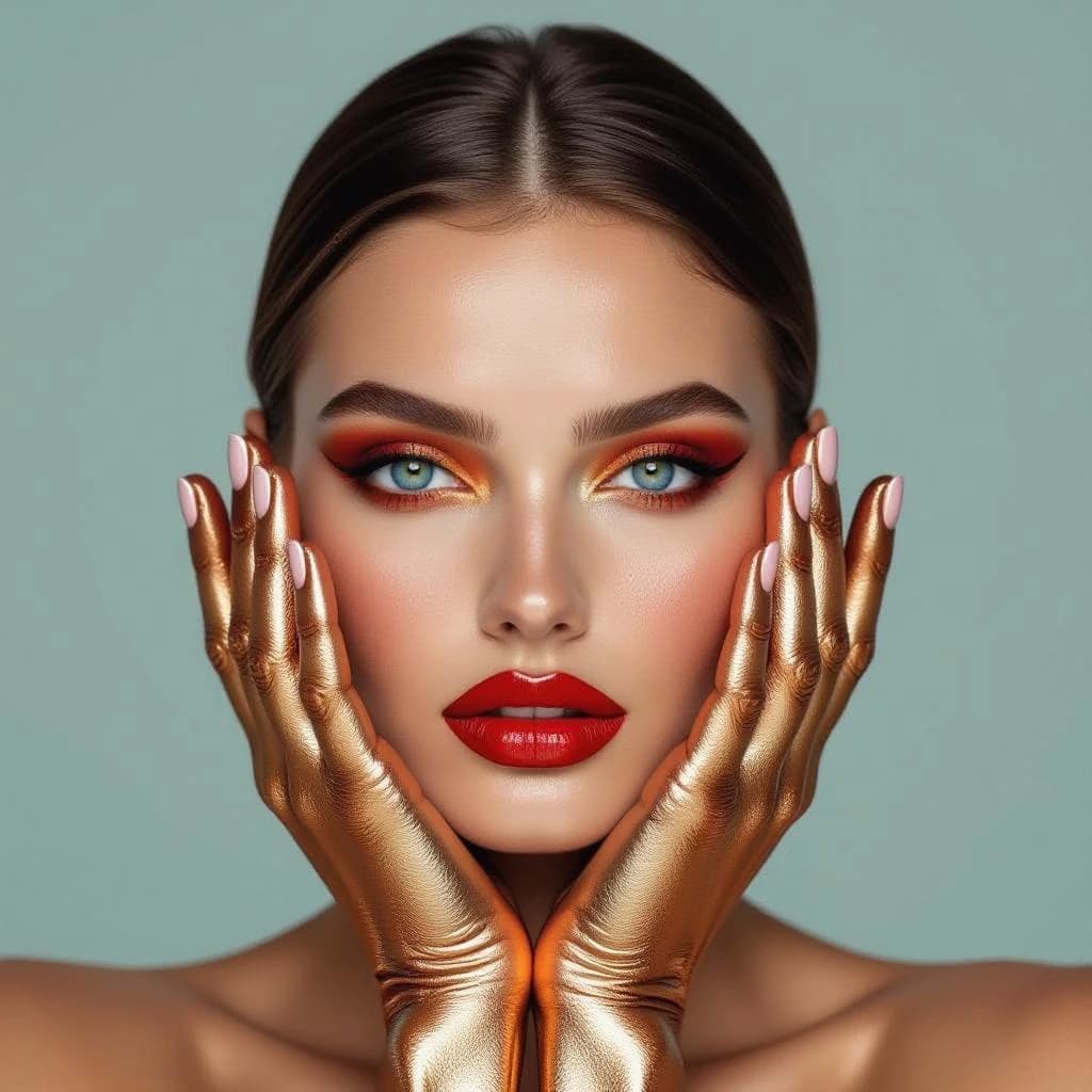 A striking close-up portrait of a woman with cracked metallic copper-painted hands framing her face. Her vivid blue and red eye makeup contrasts sharply with the smooth, pale skin and muted background, creating a bold, surreal composition. She displays an air of uncertainty about her
