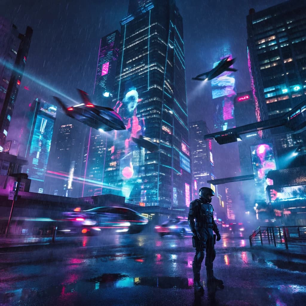 Rain-soaked neon megacity at night, flying taxis weave between glass towers, giant holograms flicker; a lone courier in a matte exosuit, somewhat cinematic wide angle.