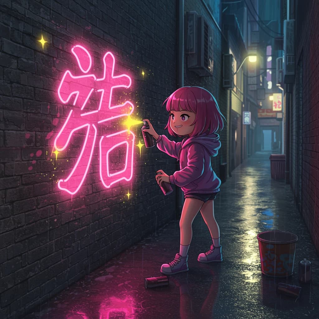 Chibi artist sprays huge neon kanji on a rainy alley wall, with sparkles.