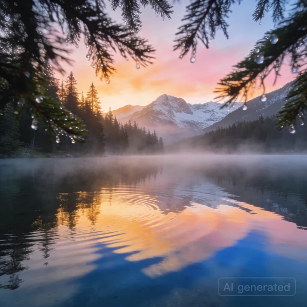 I want a photo of a misty alpine lake at dawn, pines, glassy water, warm light.