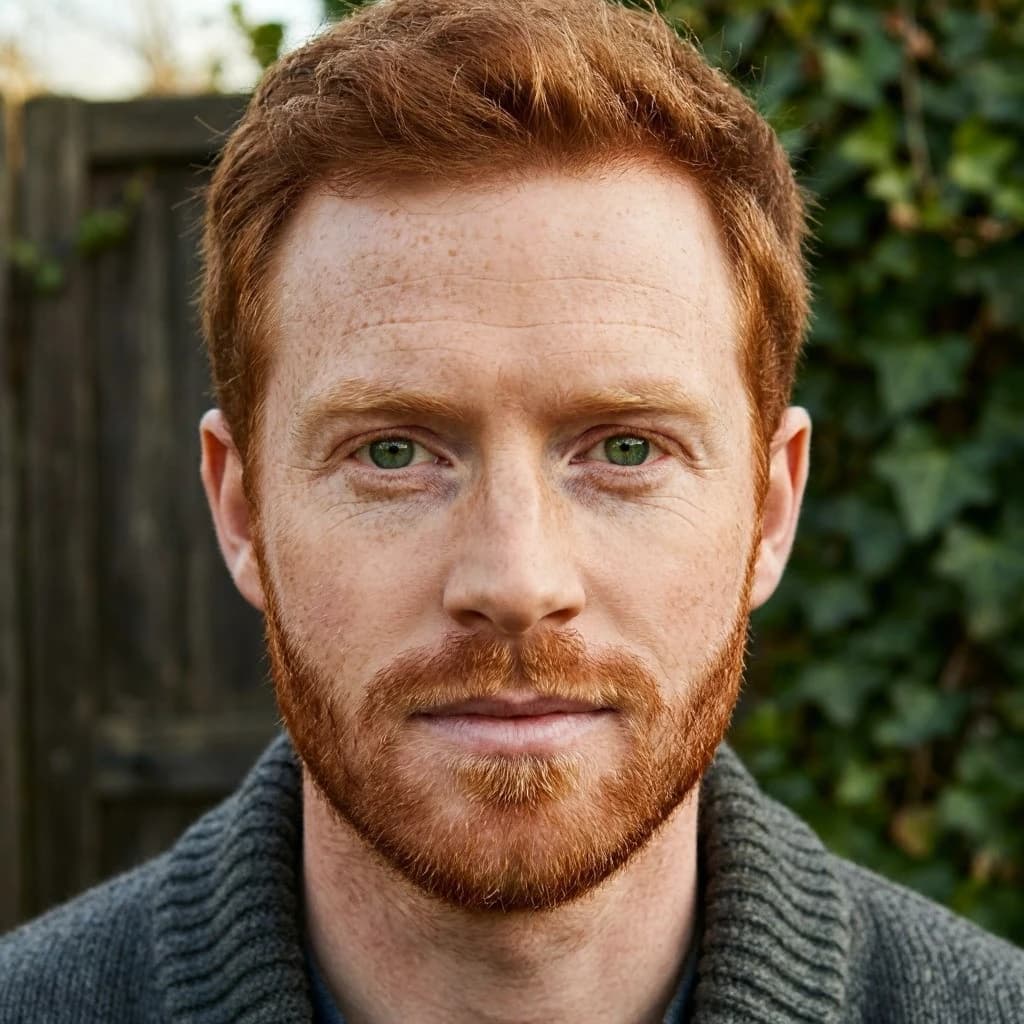 Shoot a natural light headshot of a red-haired man with freckles, green eyes.