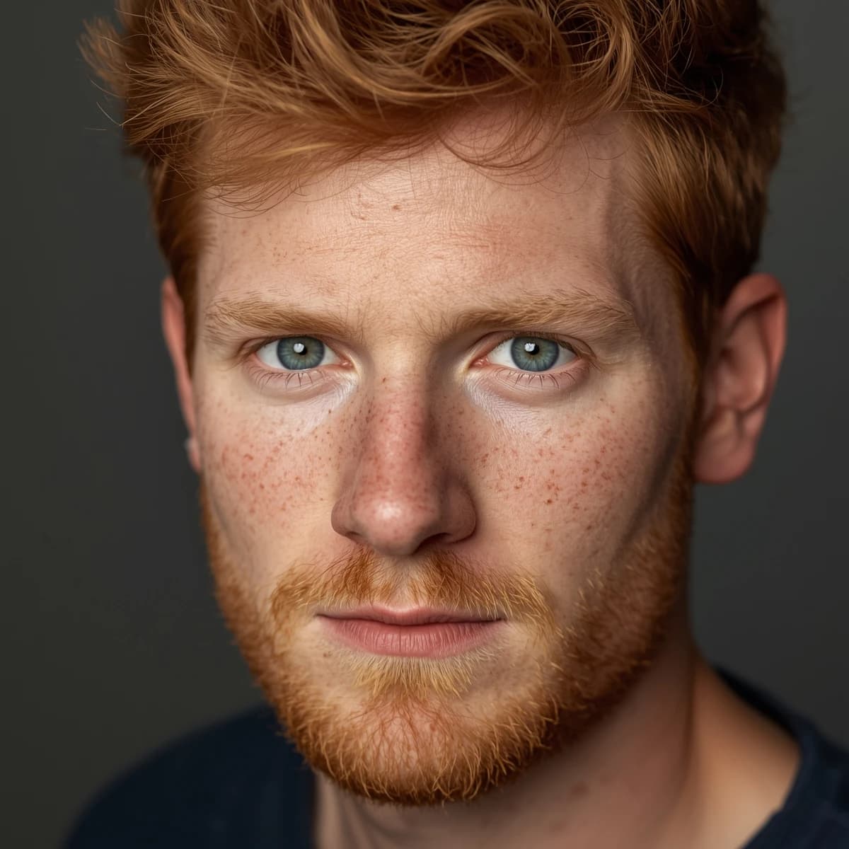 Shoot a natural light headshot of a red-haired man with freckles, green eyes.