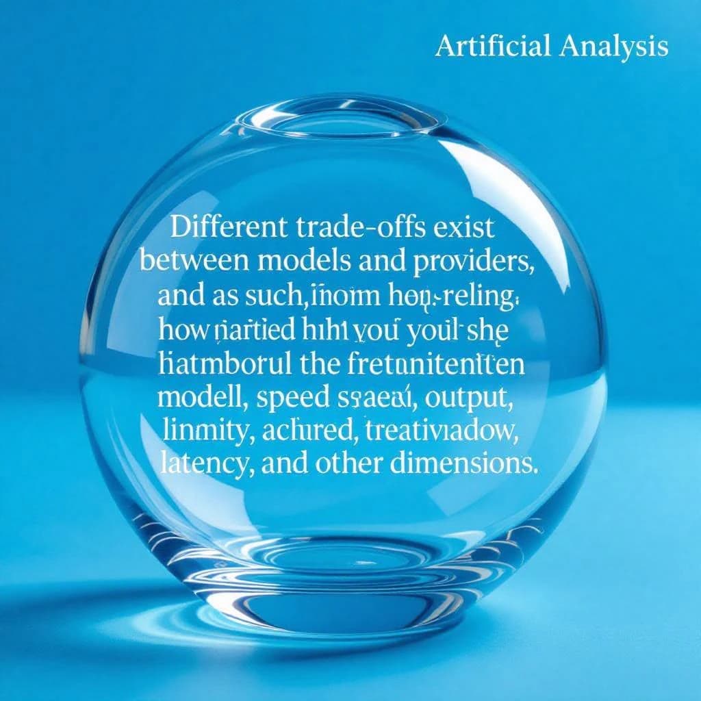 In a clear transparent blue glassy rounded box, etch "Different trade offs exist between different models and providers and as such, it is important to start with how you intend to use the model as the first step. Trade-offs exist currently between model quality, price, output speed, latency, context window & other dimensions. " in sans serif medium weight text. Artificial Analysis is watermarked over the top right 