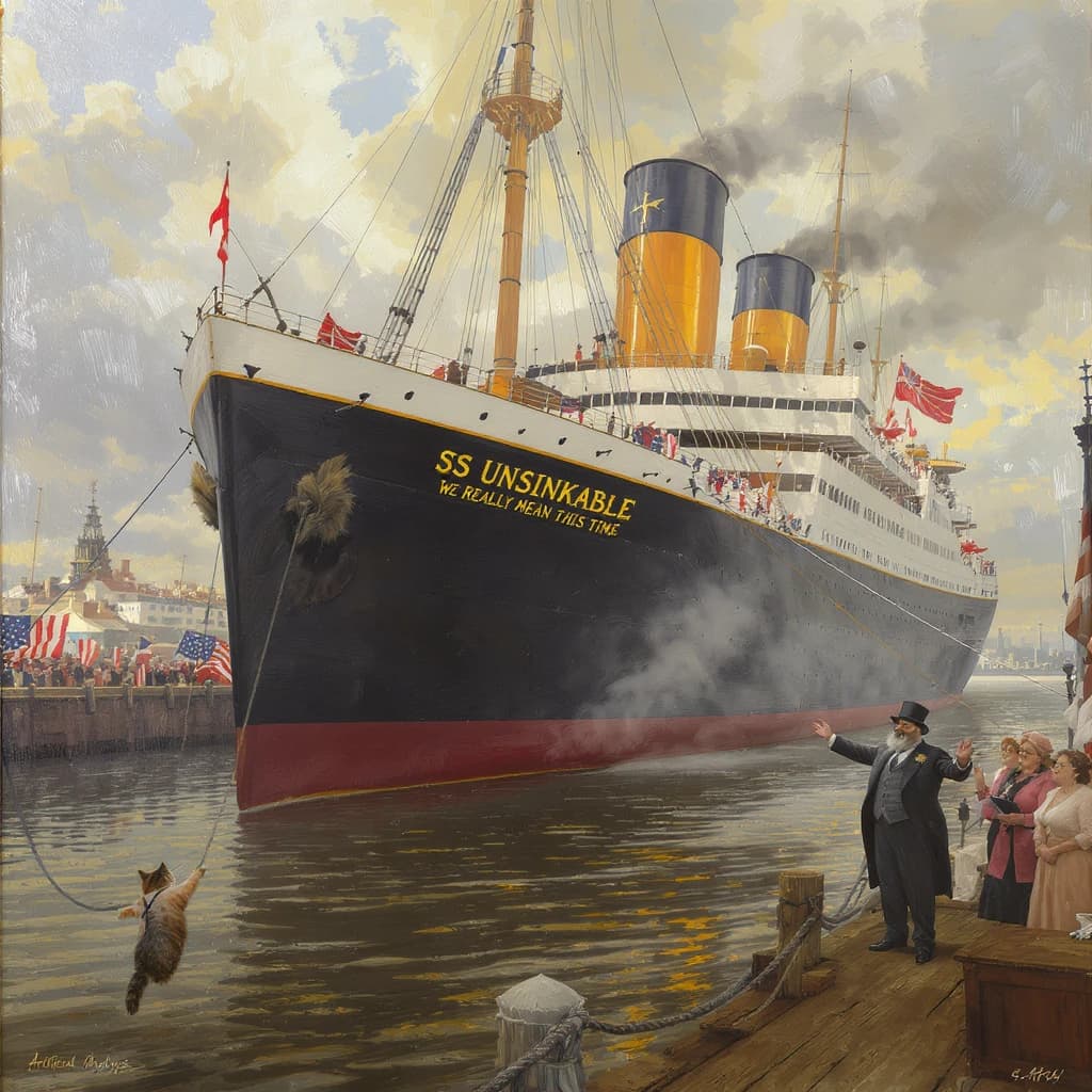 An impressionistic painting of the mighty steamer the "SS Unsinkable We Really Mean It This Time" on a cloudy but bright London morning about to set out on her maiden voyage. A jubilant crowd is gathered on the dock around the paunchy mayor who is making a speech, gesticulating wildly with his hands. The gangways are busy with well heeled ladies and gentlemen making their way onto the ship. A cheeky cat hangs over the water, clinging to the mooring rope after an ill-fated attempt to climb up. The artist has signed his name "Artificial Analysis" in the bottom corner