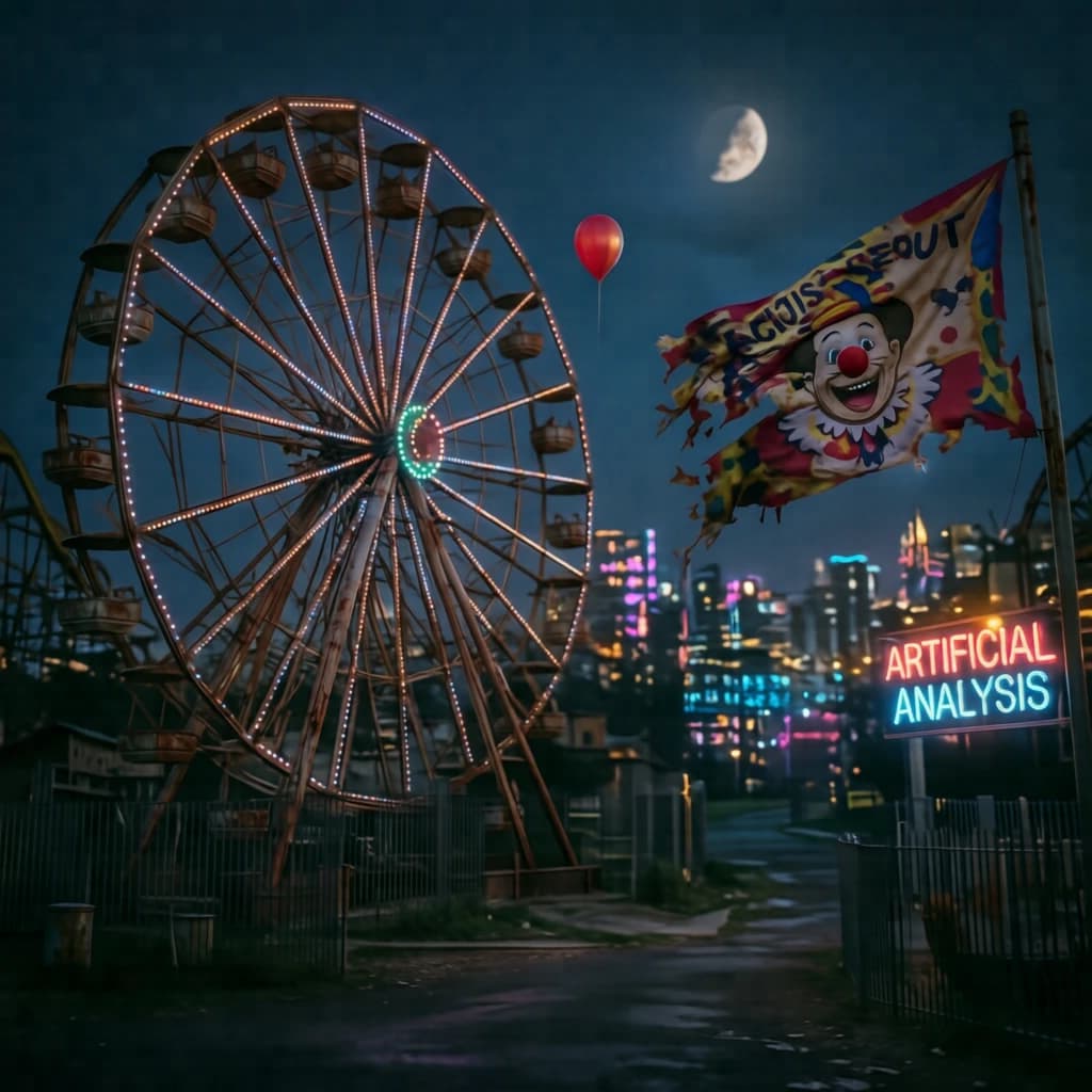A deserted amusement park glows faintly under a half-moon. The ferris wheel is rusting yet strung with fresh, blinking LED lights. A torn clown banner flaps in a windless air. A lone balloon floats upward, tethered to nothing, while in the far distance city lights flicker on - some neon, some gas lamps as though from another century. 'Artificial Analysis' glows in neon