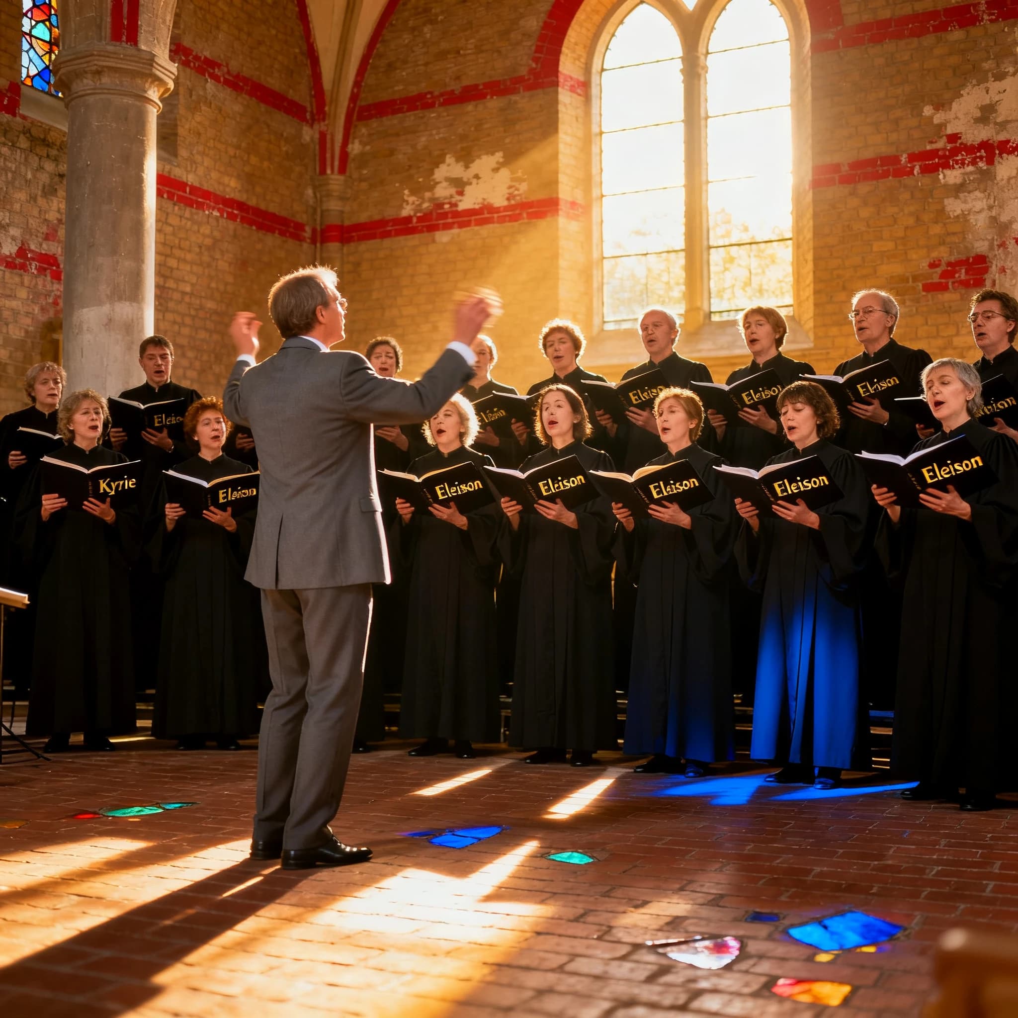 A choir rehearses in a brick hall as somewhat dramatic morning light falls through high windows, with a patient conductor mid-gesture, open scores, intent faces, slight motion blur.