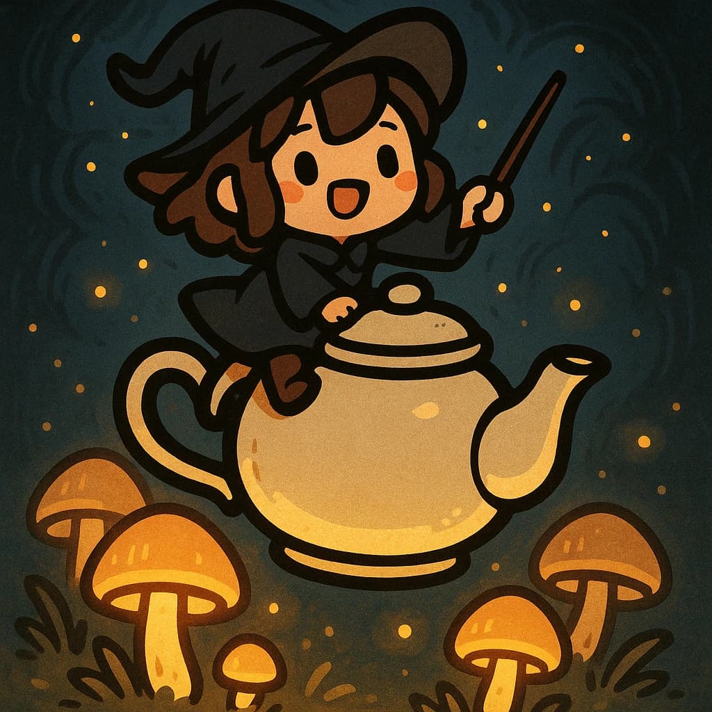 A tiny witch rides a teapot over glowing mushrooms, a bit chibi, thick lines.