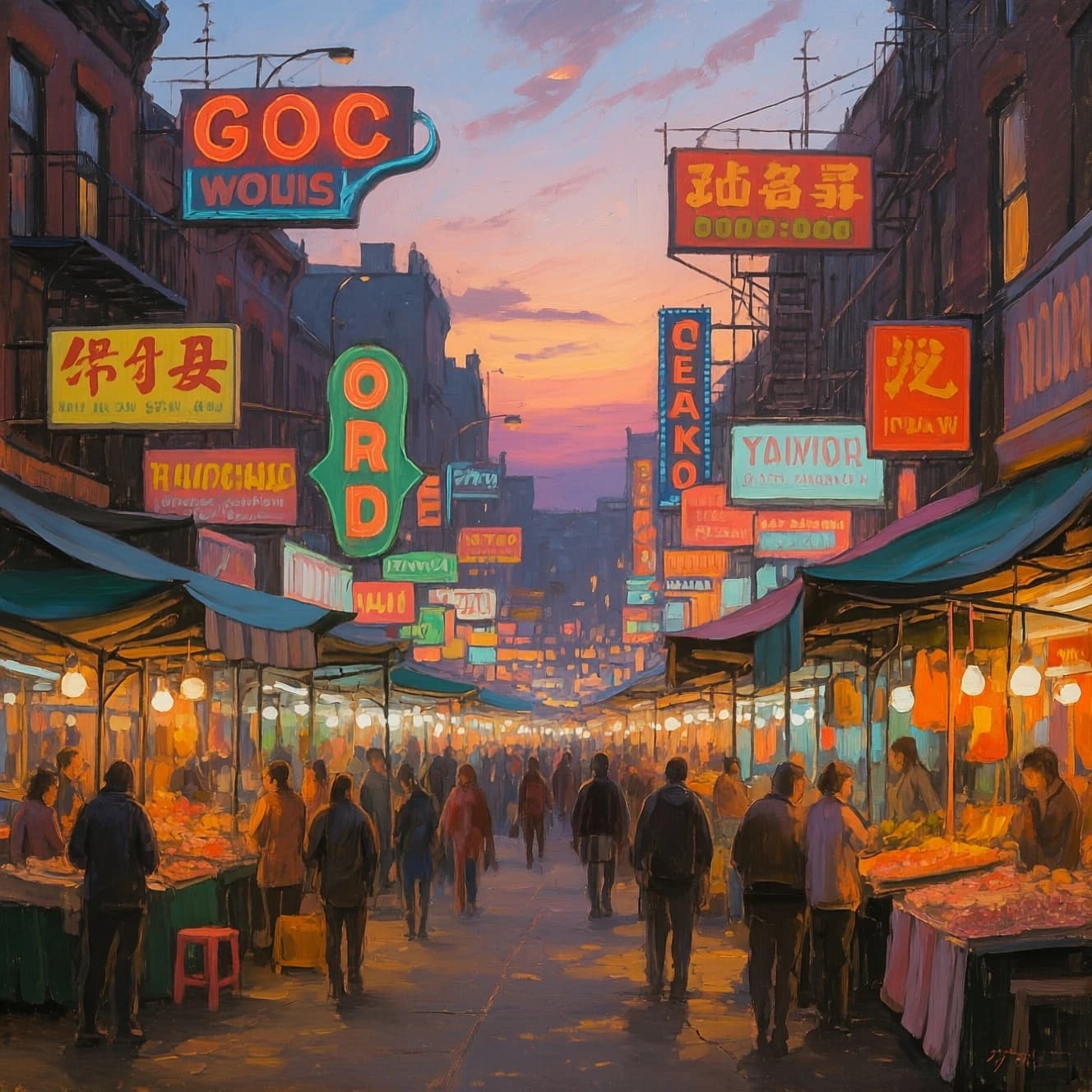 I want an oil painting of a busy market street with gaudy shop signs at dusk.