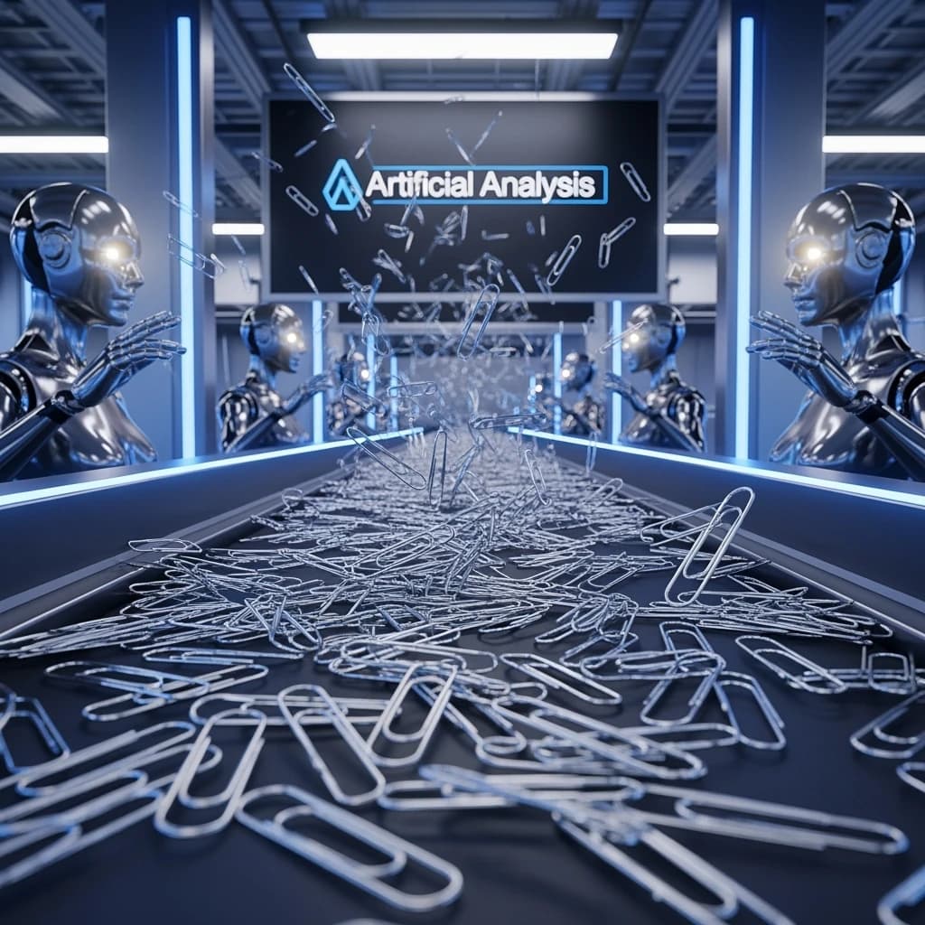Close up point of view perspective on a conveyor belt pumping out paperclips at a maddening pace. The high tech factory has Artificial Analysis printed proudly on the wall. Robot staff look approvingly over the robust output.