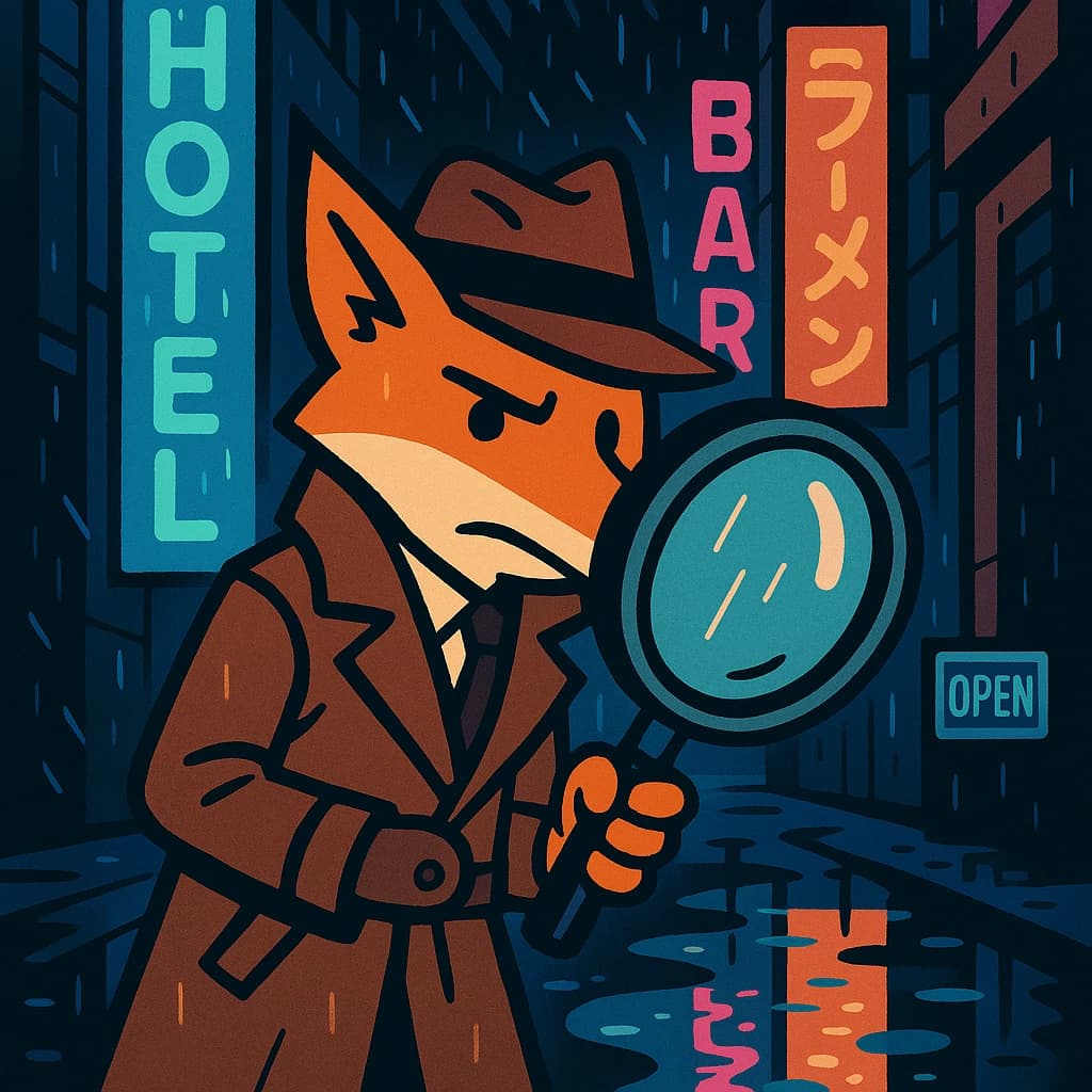 A fox detective stands in a rainy neon alley, bold outlines, flat colors, oversized magnifying glass; a bit moody, puddles reflect signs, raindrops like small dashes.