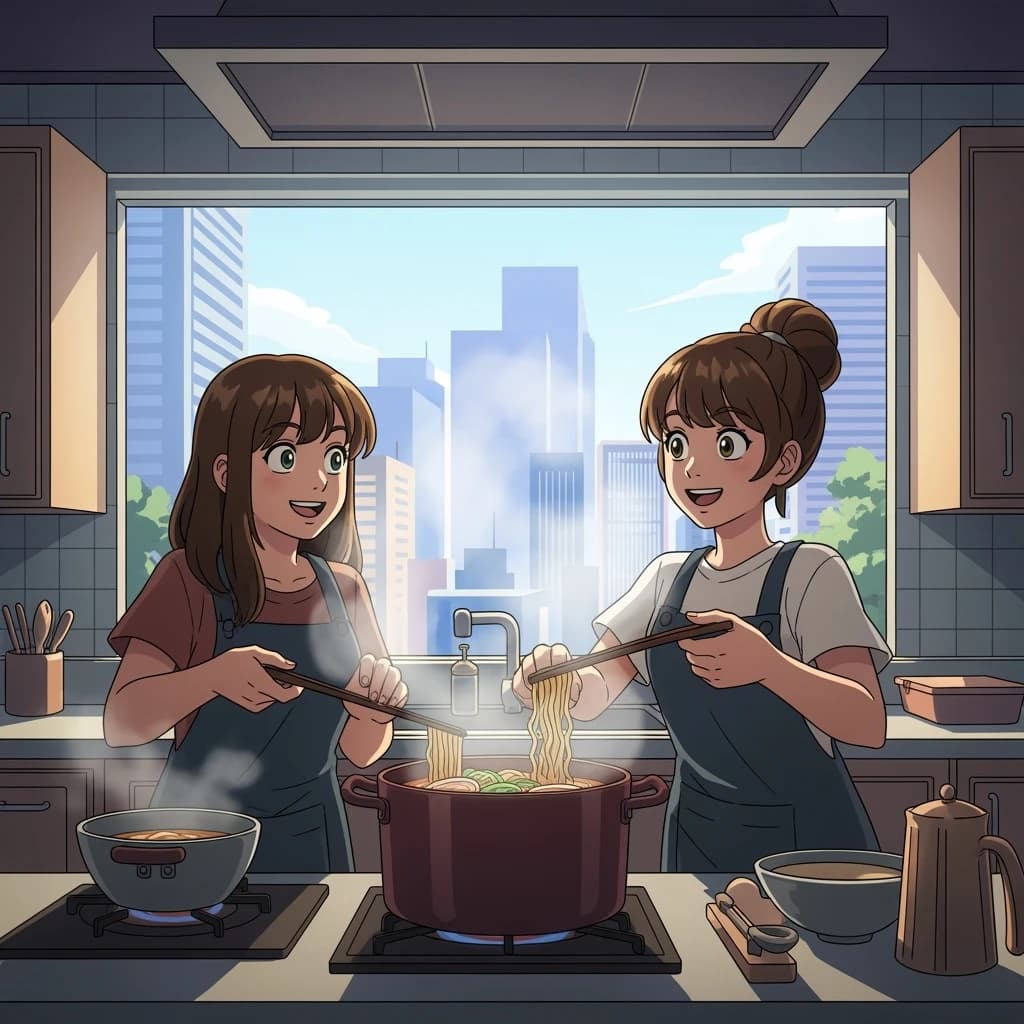 Club friends cooking ramen, steam rising, cel-shaded, city kitchen, big eyes.
