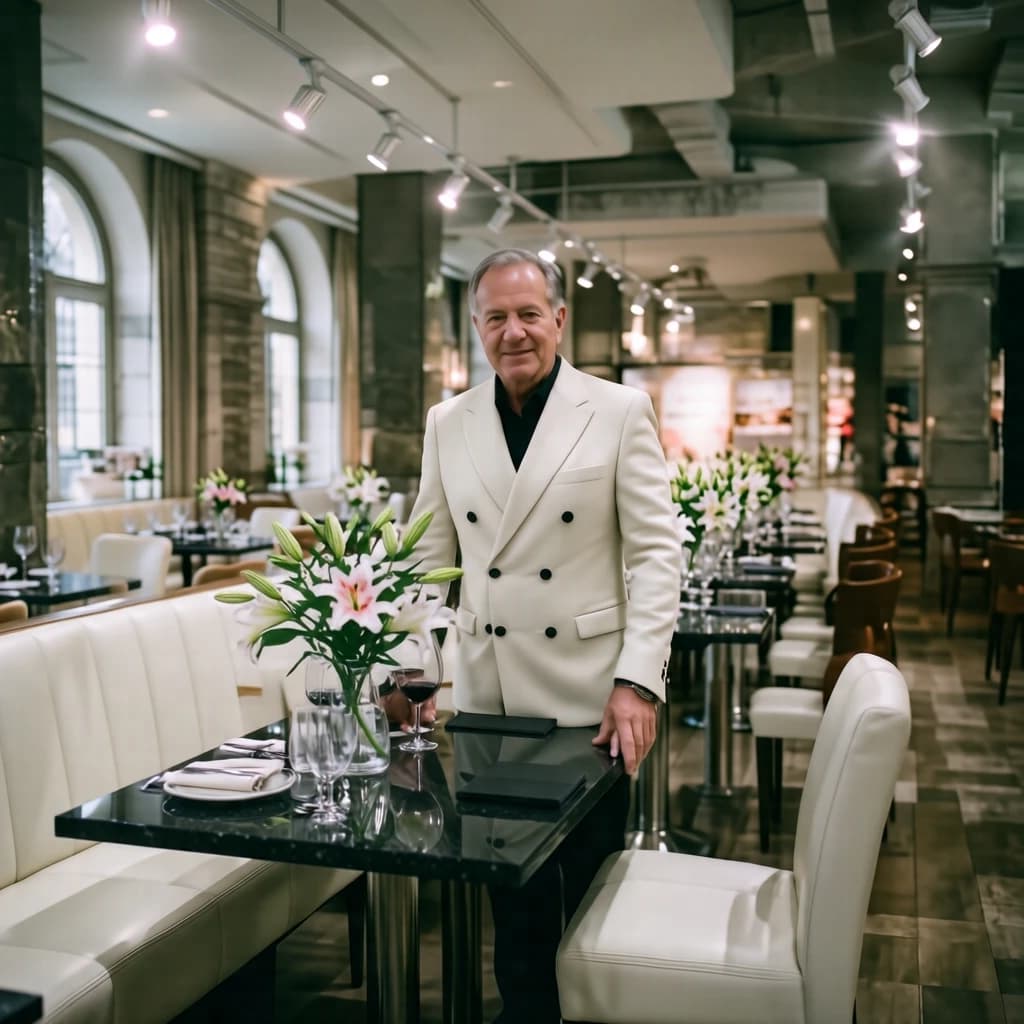 The place is almost empty. The banquettes are covered in white leather, the tables black granite, and the entire room is bathed in halogen track lighting that seems too bright. The maître d’ wears a double-breasted wool crepe jacket. There are lilies on every table.