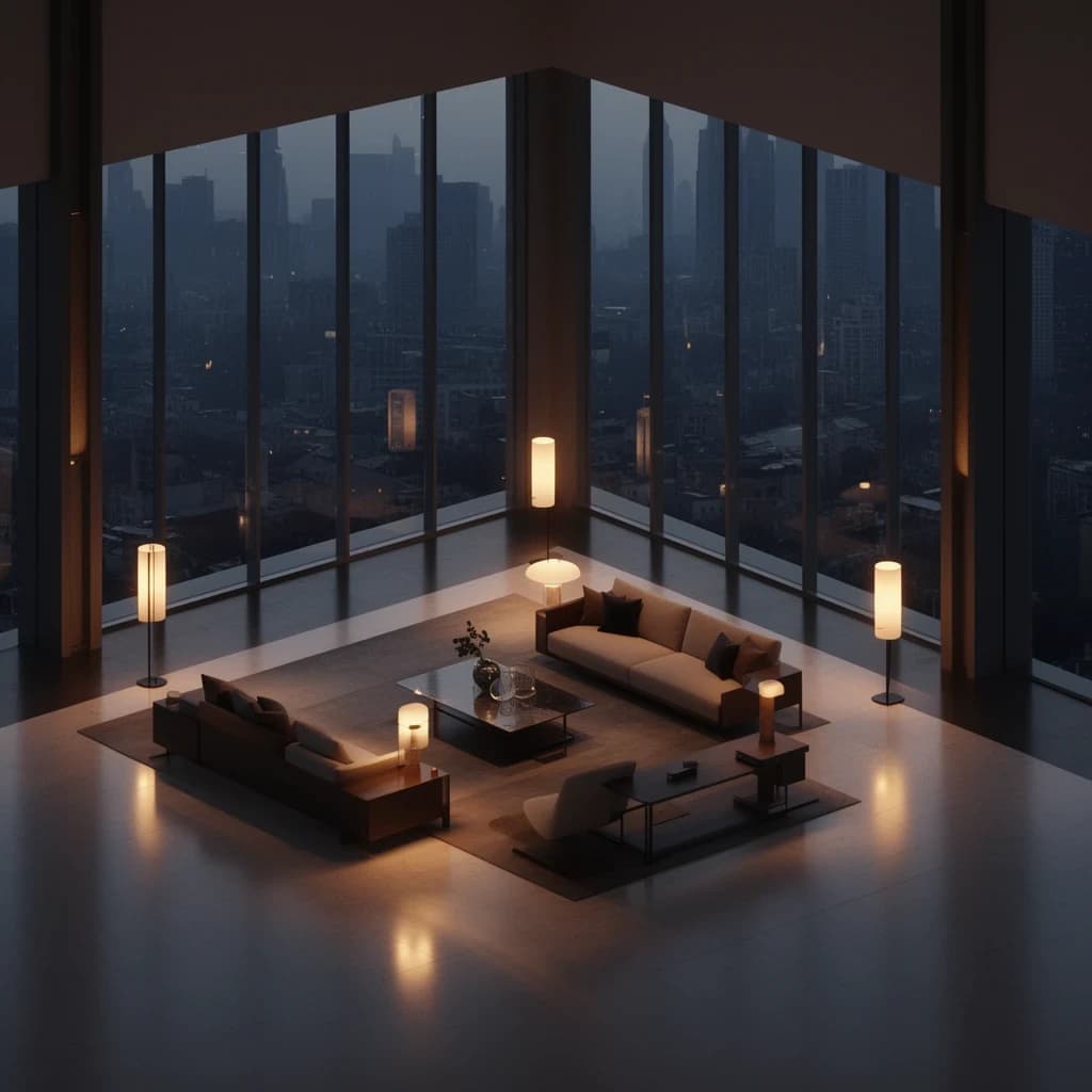 Isometric 3D lobby, glass walls, warm lights, slightly moody, soft shadows.
