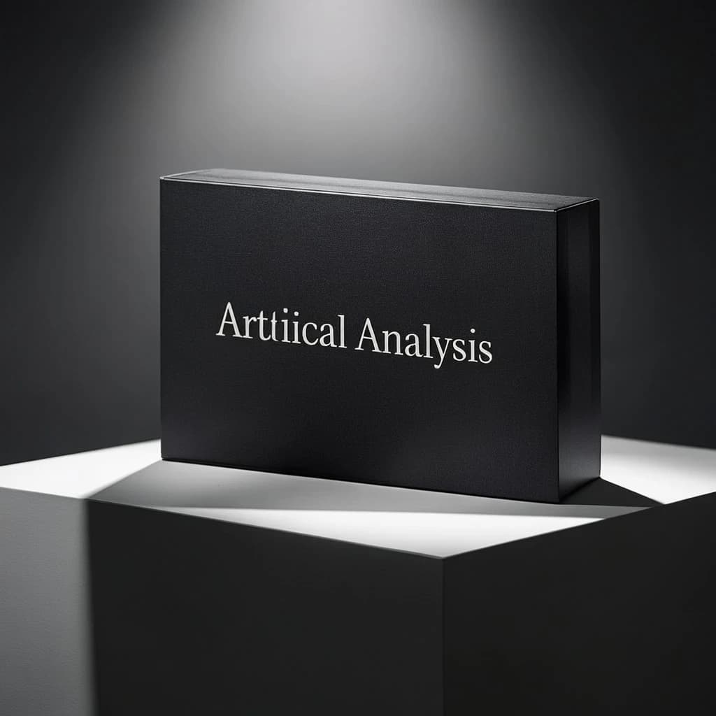 A premium matte black laptop-sized box rests on a pure white pedestal within a gallery space. Overhead, a single spotlight carves sharp contrast, leaving the edges in deep shadow. The brand name Artificial Analysis is embossed in silver foil, glinting faintly as though it were jewelry.