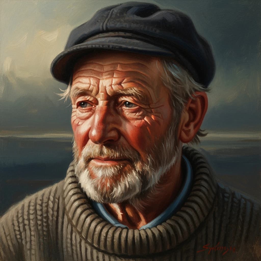 Oil on canvas portrait of an elderly sailor, weathered face, soft light.