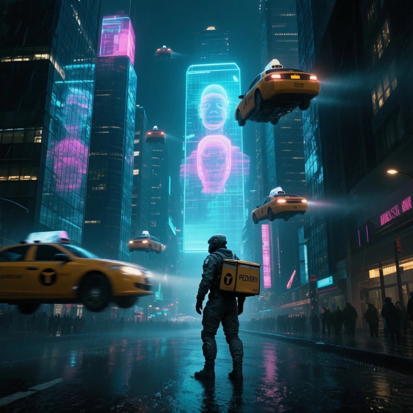 Rain-soaked neon megacity at night, flying taxis weave between glass towers, giant holograms flicker; a lone courier in a matte exosuit, somewhat cinematic wide angle.