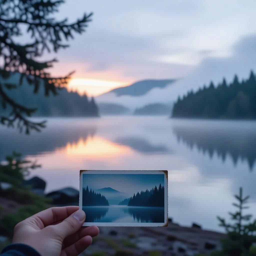 Give me a faded postcard of a misty pine lake at dawn, light leaks, film grain.