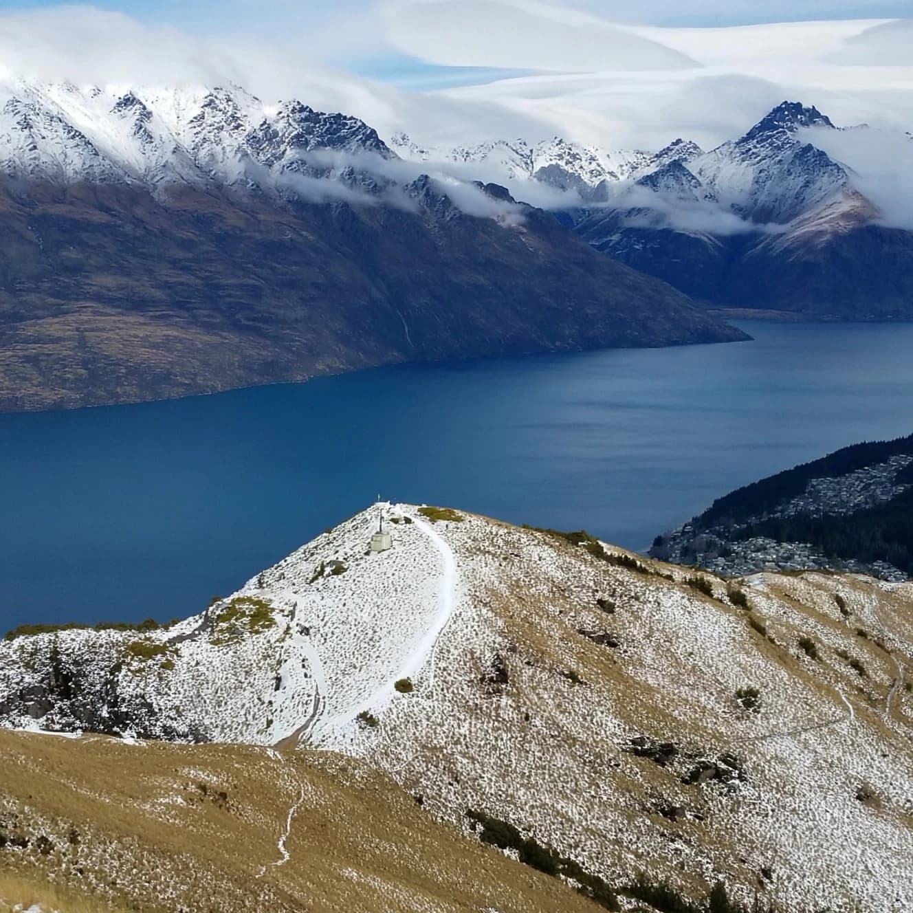 Queenstown's Lake Wakatipu, viewed from the top of Queenstown Hill after a snowstorm just dusted the top of Cecil's Peak
