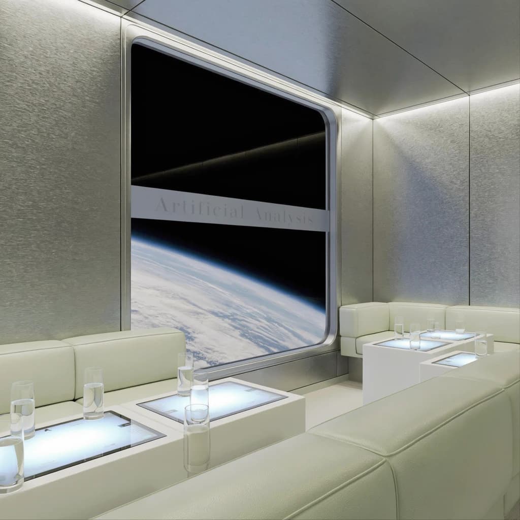 The orbital lounge has brushed aluminum walls and pale leather banquettes. Low white tables are inset with glowing touchscreens. Drinks are clear, flavorless, in tall unmarked glasses. The viewport is floor-to-ceiling, showing Earth moving slowly beneath. The word Artificial Analysis is etched discreetly on the glass in a frosted band.
