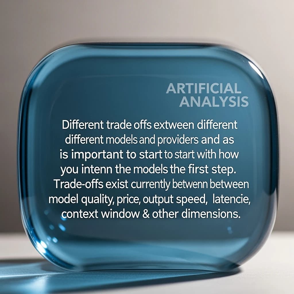 In a clear transparent blue glassy rounded box, etch "Different trade offs exist between different models and providers and as such, it is important to start with how you intend to use the model as the first step. Trade-offs exist currently between model quality, price, output speed, latency, context window & other dimensions. " in sans serif medium weight text. Artificial Analysis is watermarked over the top right 