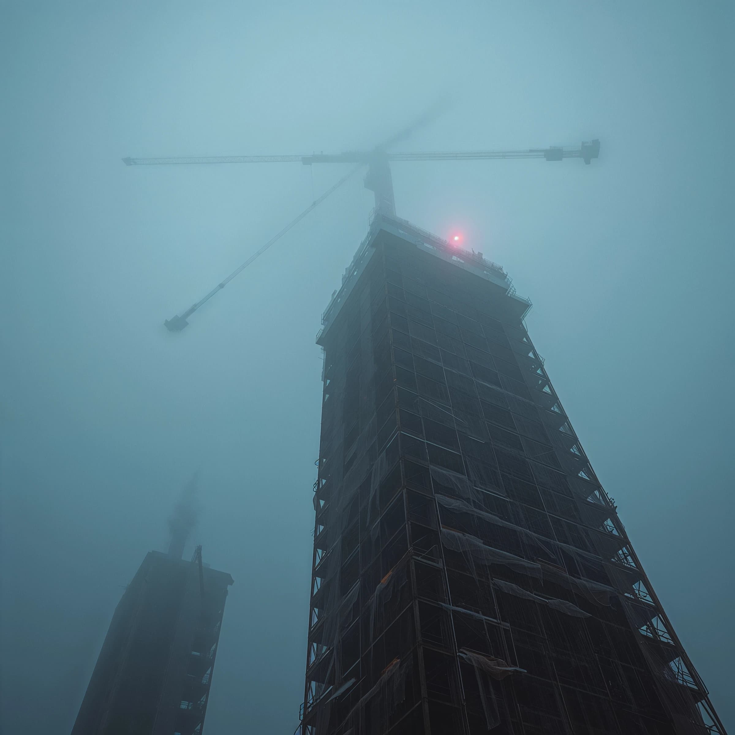 A construction site stretched upward into fog, cranes frozen in silhouette. Wind rattled scaffolding draped with torn mesh that glowed faintly from nearby billboards