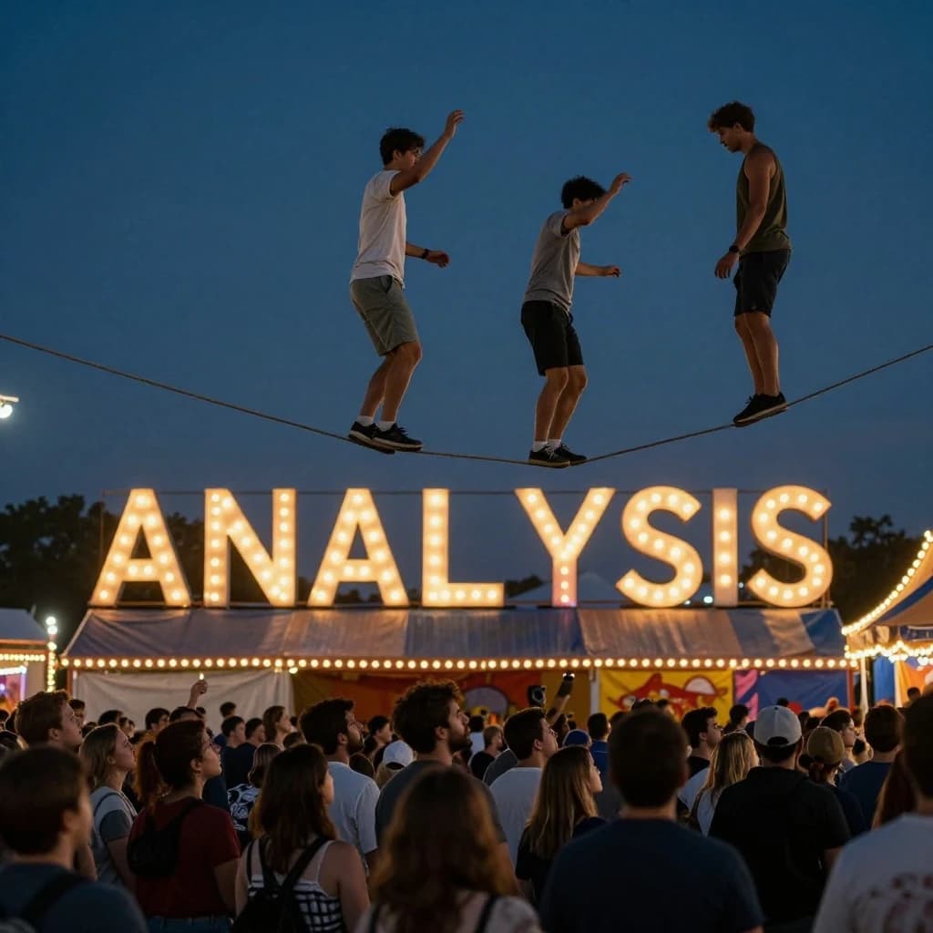 At dusk, high above a carnival crowd, three tightrope walkers balance on a single rope with no aids, one is off balance and grabbing at air. Below, the audience looks upward with baited anticipation. Artificial Analysis is spelled out in the background in carnival lights
