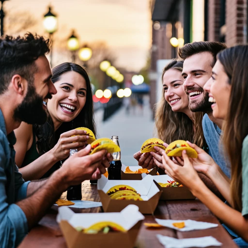 Friends laugh over street tacos at dusk, candid, shallow depth.
