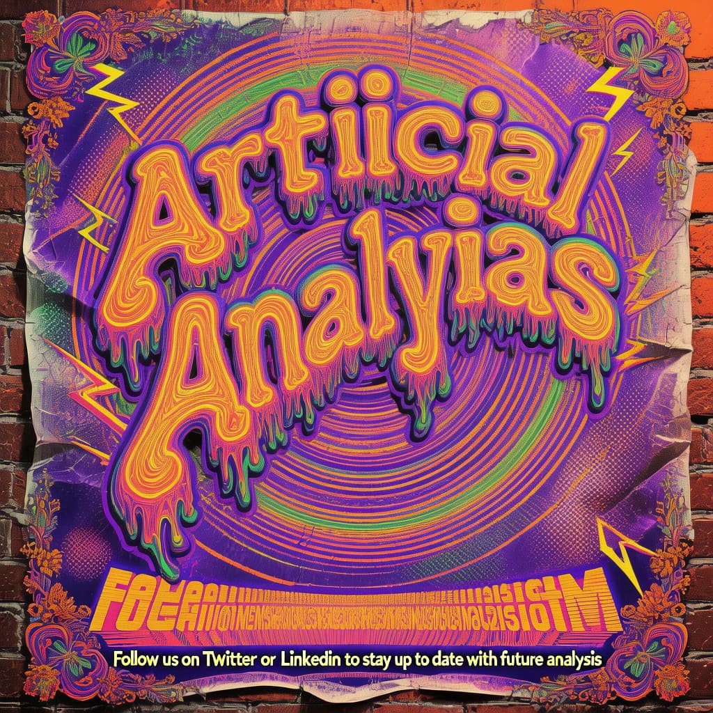 A portrait layout psychedelic concert poster from 1972 bathed in saturated oranges, deep purples, and acid greens. Swirling, hand-drawn typography arcs across the top, spelling out Artificial Analysis in bold, distorted letters that melt into spirals. Surrounded by radiating concentric circles and lightning-bolt motifs. The background is textured with halftone dots and faded paper creases, evoking a well-worn poster taped to a brick wall. Ornate floral borders frame the design, while the bottom features blocky retro lettering listing “Follow us on Twitter or LinkedIn to stay up to date with future analysis” in smaller text. 