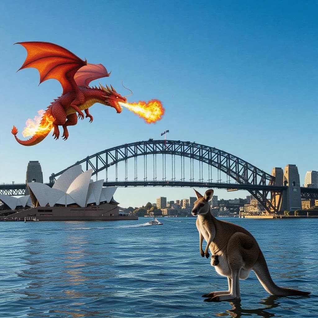 A dragon breathes fire at a kangaroo that is running away by climbing over the top of the Sydney Harbour Bridge. Opera House visible in the background.