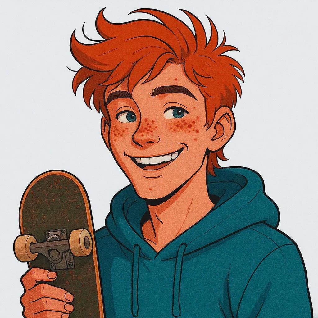 A cel-shaded portrait of a freckled skateboarder, messy red hair, bright grin.