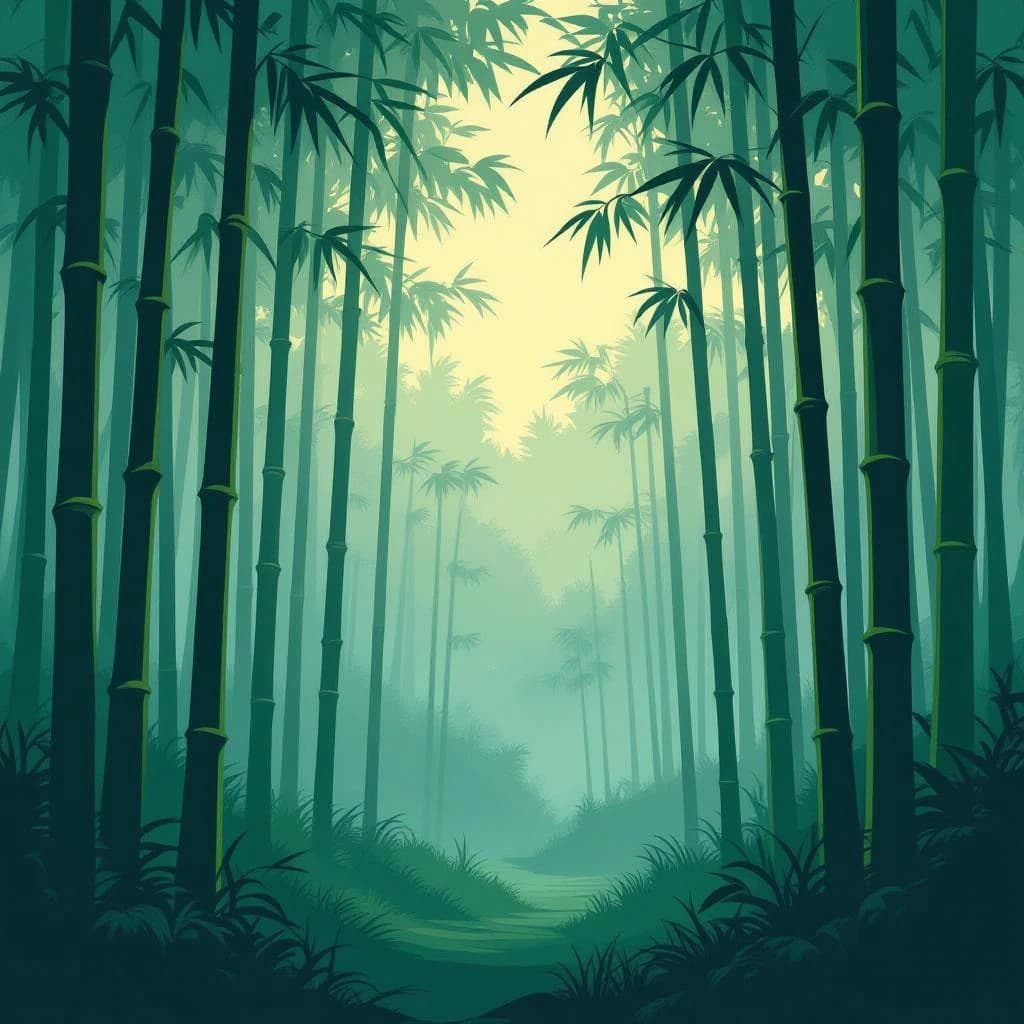 Give me a misty bamboo forest at sunrise, bold outlines, slightly cel-shaded.