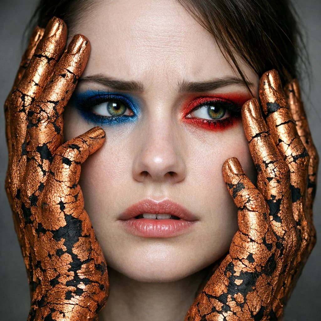 A striking close-up portrait of a woman with cracked metallic copper-painted hands framing her face. Her vivid blue and red eye makeup contrasts sharply with the smooth, pale skin and muted background, creating a bold, surreal composition. She displays an air of uncertainty about her