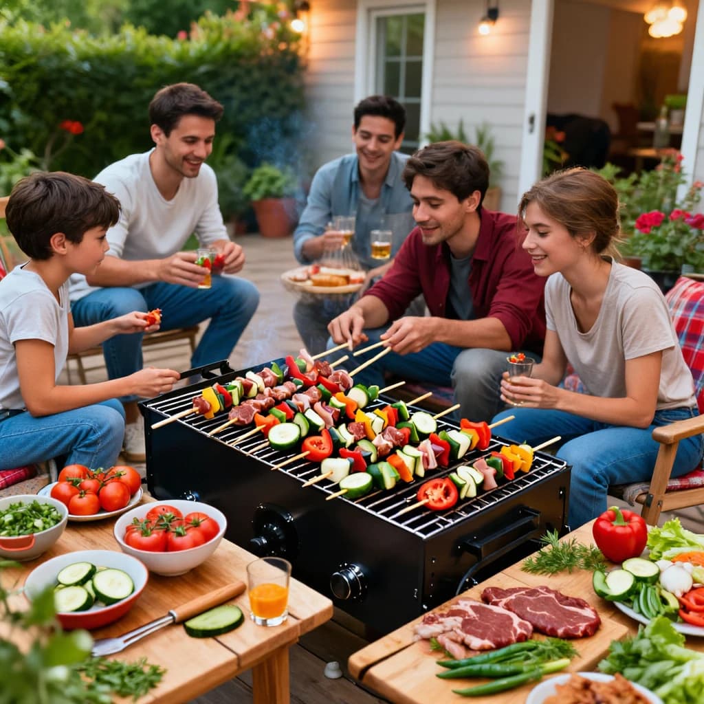 Friends grill skewers on a slightly messy patio.