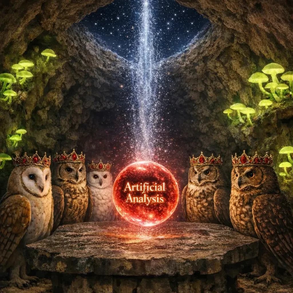 In a cavern lined with bioluminescent fungi glowing lime green, the council of owls wear jeweled crowns that glimmer with rubies, their wings folded behind their backs. Dust coats the stone table, a glowing orb inscribed with “Artificial Analysis” hovers above the table illuminating the owls with its red pulsating light. Behind them, a waterfall falls upward into a ceiling that opens onto stars - a child looks down in wonder from above at what he has stumbled across.